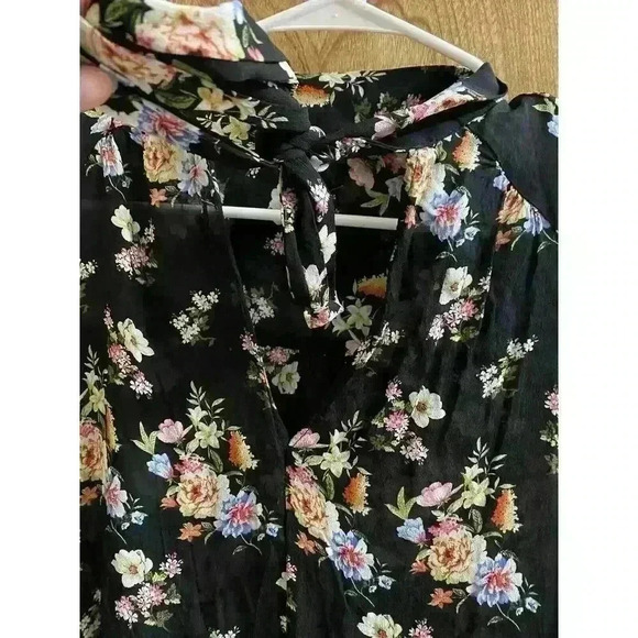 ZARA BLACK FLORAL SEMI SHEER CHIFFON TUNIC RUFFLE LAYERS DRESS MOCK NECK SIZE XS - Picture 6 of 14